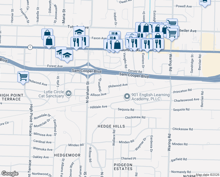 map of restaurants, bars, coffee shops, grocery stores, and more near 495 Philwood Cove in Memphis
