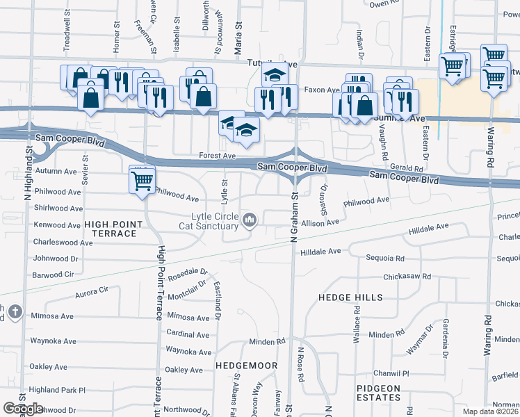 map of restaurants, bars, coffee shops, grocery stores, and more near 3903 Philwood Avenue in Memphis