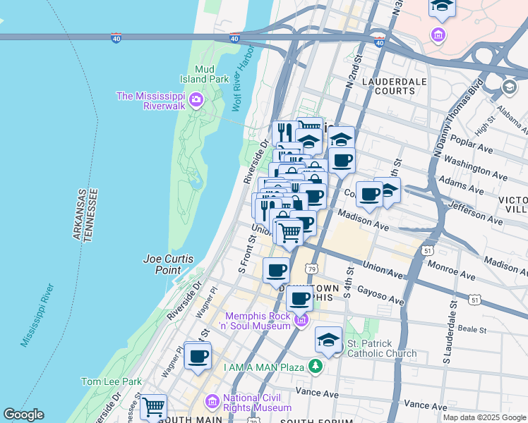 map of restaurants, bars, coffee shops, grocery stores, and more near 67 Madison Avenue in Memphis
