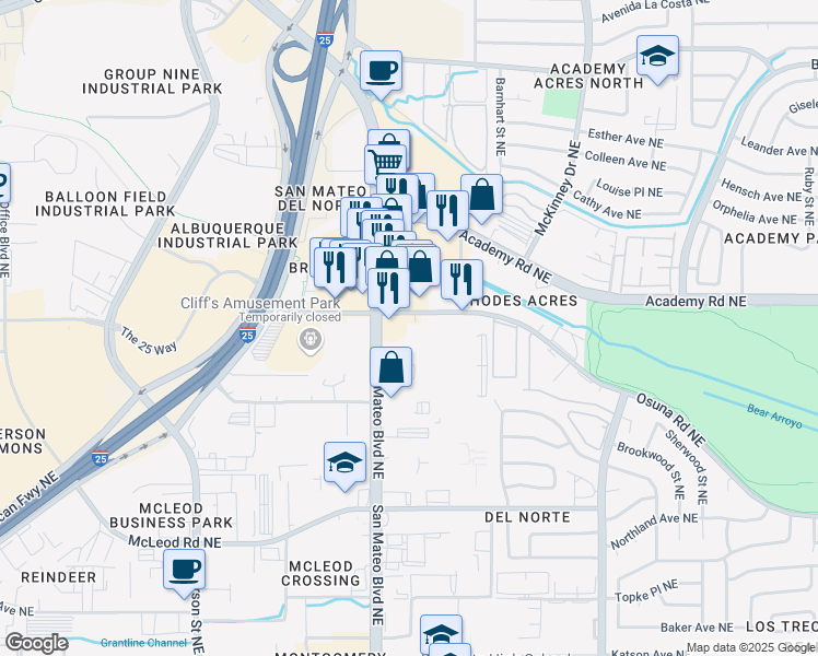 map of restaurants, bars, coffee shops, grocery stores, and more near 5411 Osuna Road Northeast in Albuquerque