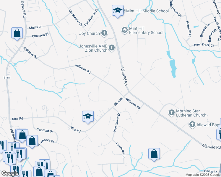 map of restaurants, bars, coffee shops, grocery stores, and more near 3026 Williams Road in Matthews