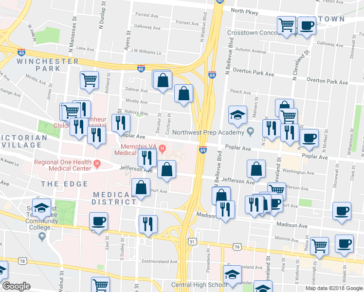 map of restaurants, bars, coffee shops, grocery stores, and more near 1085 Poplar Avenue in Memphis