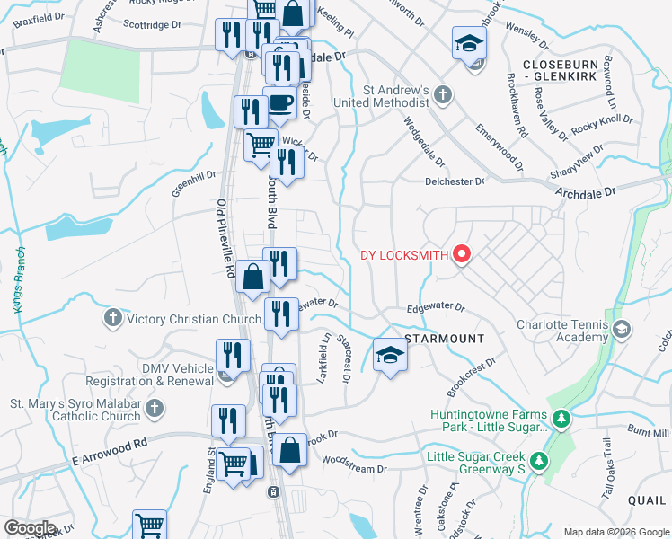 map of restaurants, bars, coffee shops, grocery stores, and more near 6614 Wisteria Drive in Charlotte