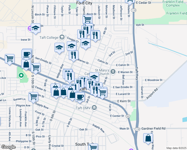 map of restaurants, bars, coffee shops, grocery stores, and more near 313 Woodrow Street in Taft