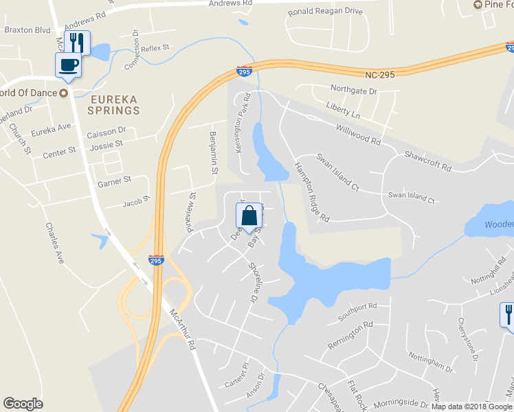 map of restaurants, bars, coffee shops, grocery stores, and more near 545 Bay Shore Drive in Fayetteville