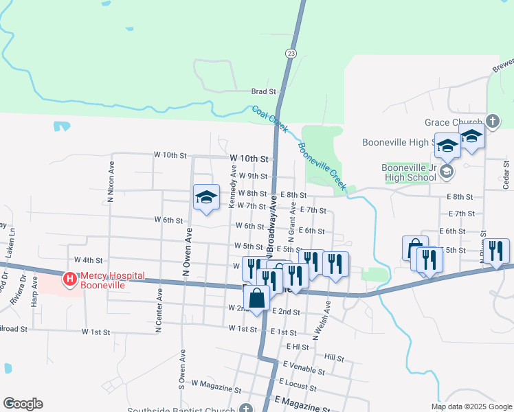map of restaurants, bars, coffee shops, grocery stores, and more near 77 West 7th Street in Booneville
