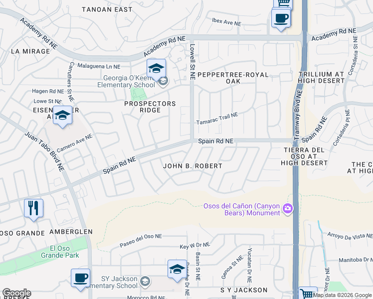 map of restaurants, bars, coffee shops, grocery stores, and more near 5601 Chelwood Park Boulevard Northeast in Albuquerque