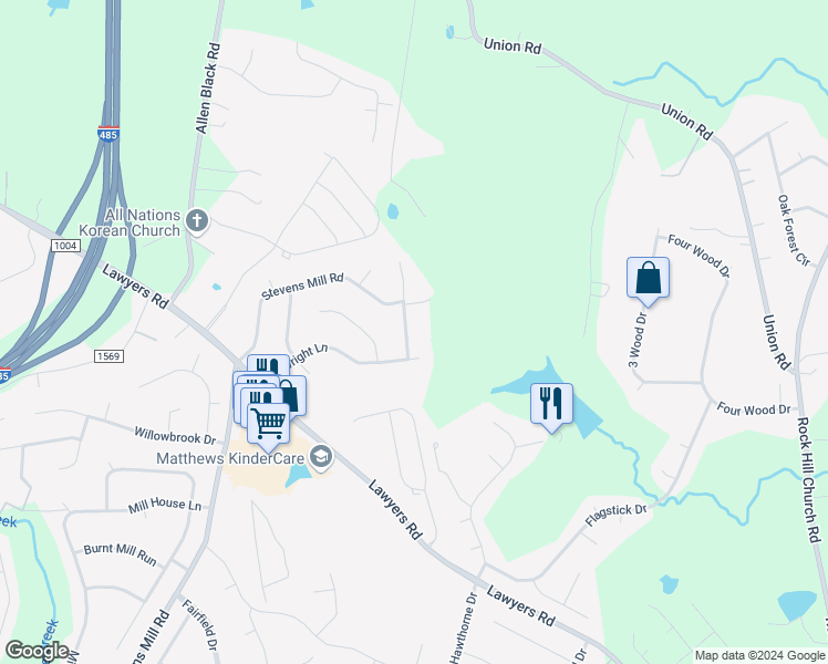 map of restaurants, bars, coffee shops, grocery stores, and more near 1248 Mill Race Lane in Matthews
