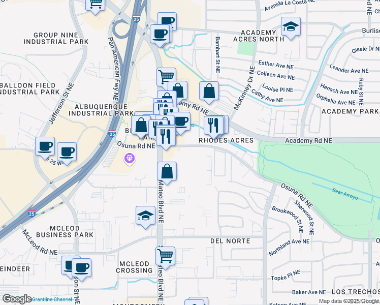 map of restaurants, bars, coffee shops, grocery stores, and more near 1617 Seagull Street Northeast in Albuquerque