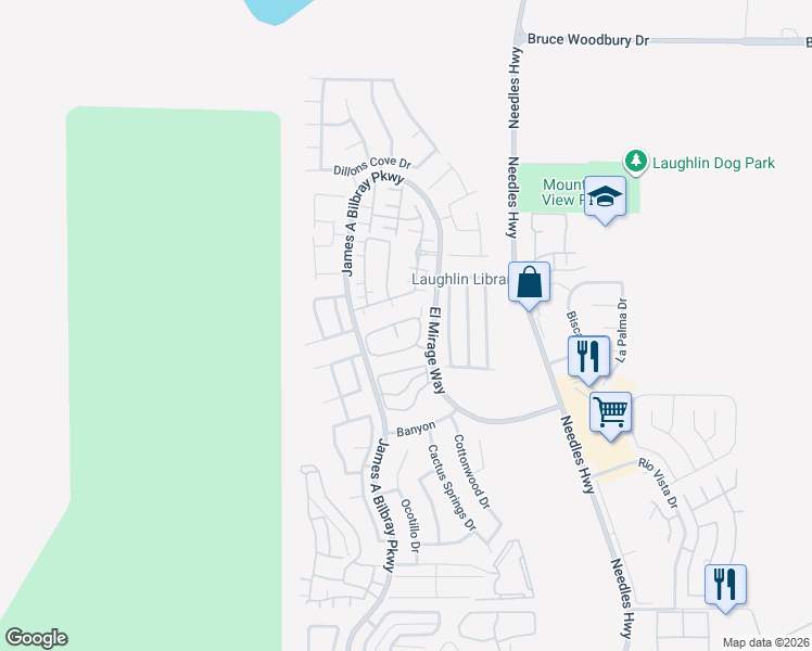map of restaurants, bars, coffee shops, grocery stores, and more near 2207 Camel Mesa Drive in Laughlin