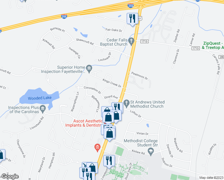 map of restaurants, bars, coffee shops, grocery stores, and more near 130 Homeplace Court in Fayetteville