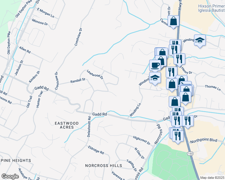 map of restaurants, bars, coffee shops, grocery stores, and more near 521 Briar Park Lane in Chattanooga