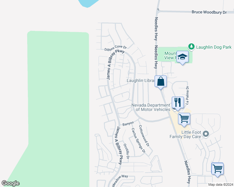map of restaurants, bars, coffee shops, grocery stores, and more near 2266 Camel Mesa Drive in Laughlin
