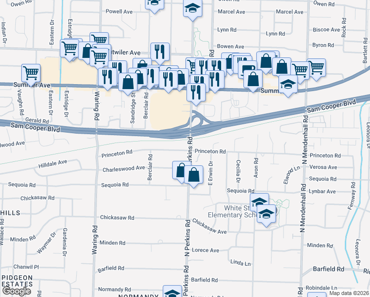 map of restaurants, bars, coffee shops, grocery stores, and more near 4580 Princeton Road in Memphis