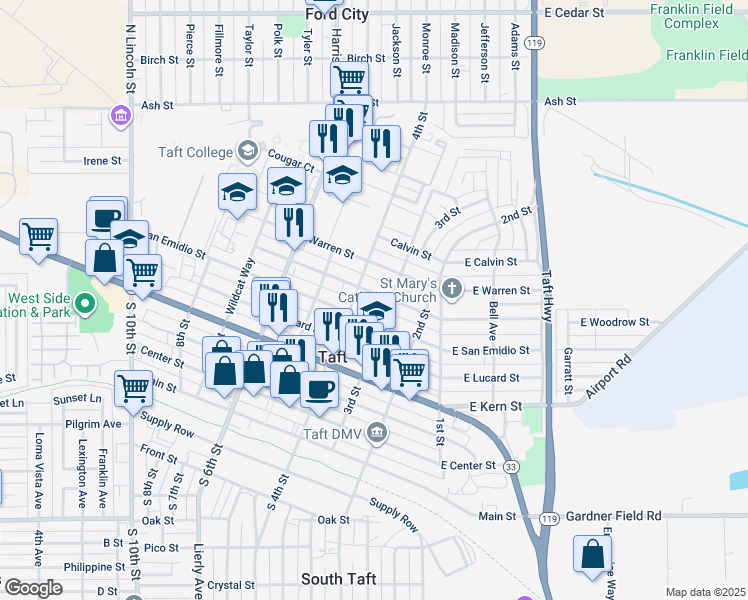 map of restaurants, bars, coffee shops, grocery stores, and more near 313 Woodrow Street in Taft