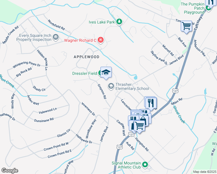 map of restaurants, bars, coffee shops, grocery stores, and more near 1301 James Boulevard in Signal Mountain
