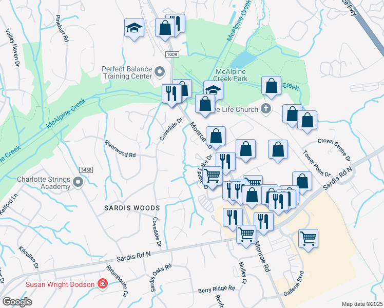 map of restaurants, bars, coffee shops, grocery stores, and more near 9340 Lucy Jane Lane in Charlotte