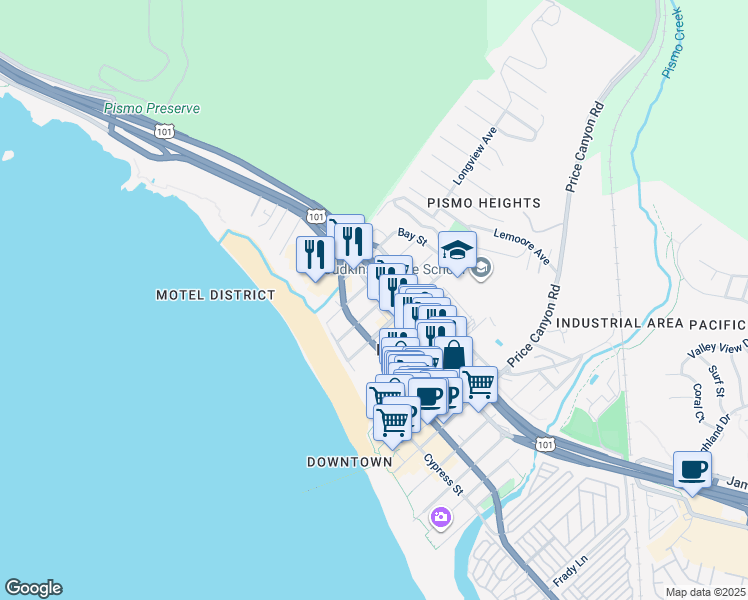 map of restaurants, bars, coffee shops, grocery stores, and more near 1250 Price Street in Pismo Beach