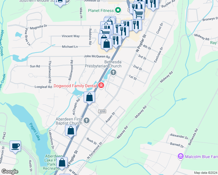 map of restaurants, bars, coffee shops, grocery stores, and more near 211 Bonnie Brook Road in Aberdeen