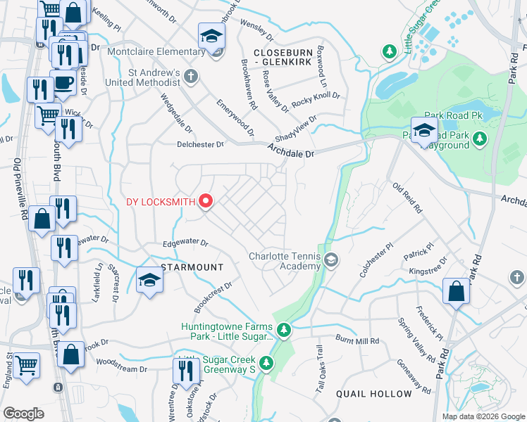 map of restaurants, bars, coffee shops, grocery stores, and more near 4367 Park South Station Boulevard in Charlotte