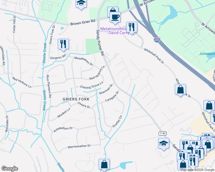 map of restaurants, bars, coffee shops, grocery stores, and more near 12306 Charing Grove Lane in Charlotte