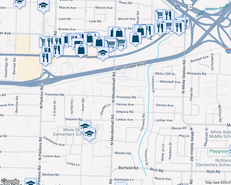 map of restaurants, bars, coffee shops, grocery stores, and more near 512 North Mendenhall Road in Memphis