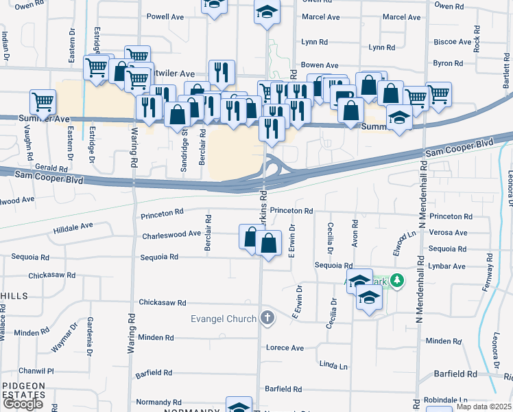 map of restaurants, bars, coffee shops, grocery stores, and more near 4580 Princeton Road in Memphis