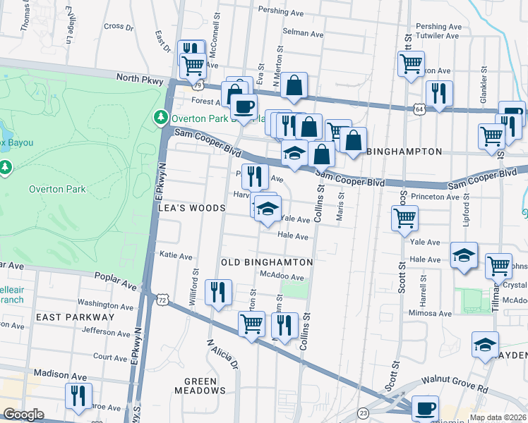map of restaurants, bars, coffee shops, grocery stores, and more near 2509 Harvard Avenue in Memphis