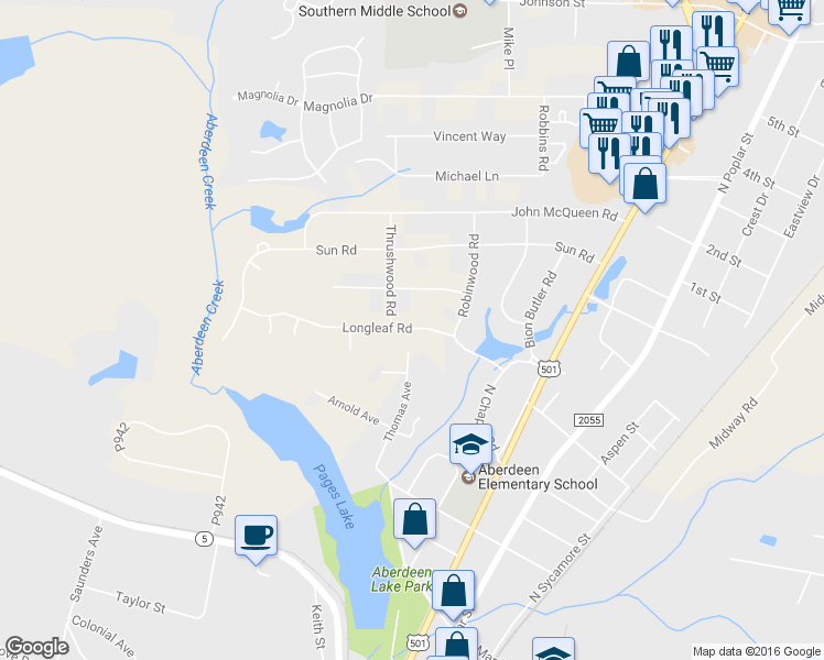 map of restaurants, bars, coffee shops, grocery stores, and more near 607A Longleaf Road in Aberdeen