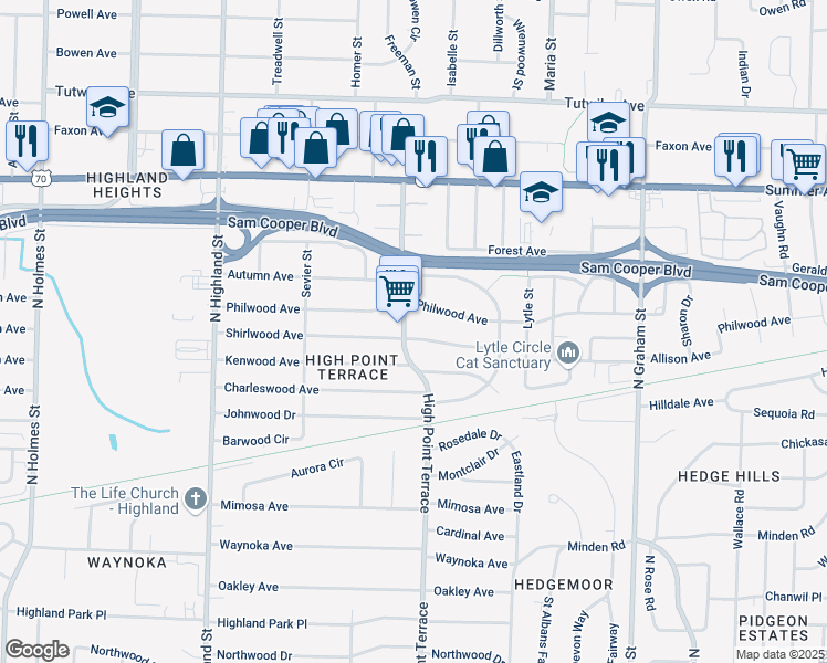 map of restaurants, bars, coffee shops, grocery stores, and more near 3726 Shirlwood Avenue in Memphis