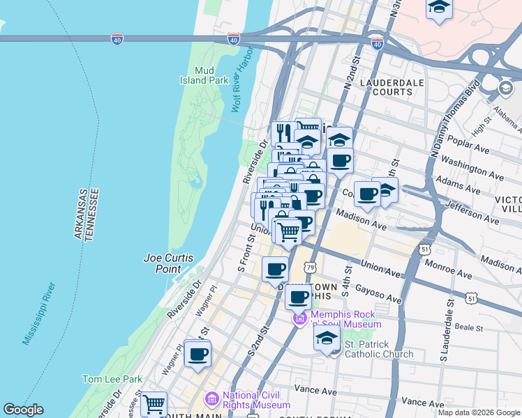 map of restaurants, bars, coffee shops, grocery stores, and more near S Front St & Monroe Ave in Memphis