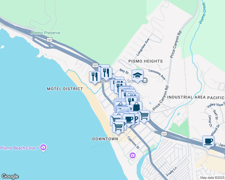 map of restaurants, bars, coffee shops, grocery stores, and more near 1221 Price Street in Pismo Beach