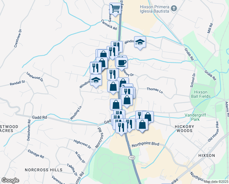 map of restaurants, bars, coffee shops, grocery stores, and more near 5519 Tennessee 153 in Chattanooga