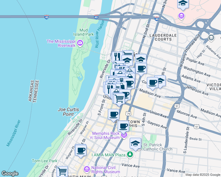 map of restaurants, bars, coffee shops, grocery stores, and more near 66 Monroe Avenue in Memphis