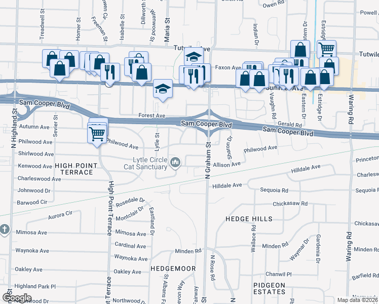 map of restaurants, bars, coffee shops, grocery stores, and more near 3943 Philwood Avenue in Memphis