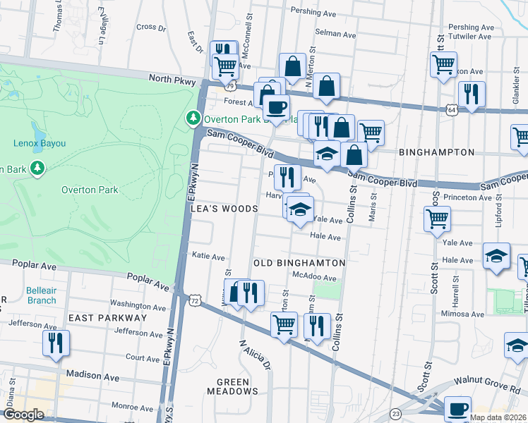 map of restaurants, bars, coffee shops, grocery stores, and more near 2469 Harvard Avenue in Memphis