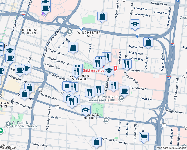 map of restaurants, bars, coffee shops, grocery stores, and more near 739 Washington Avenue in Memphis
