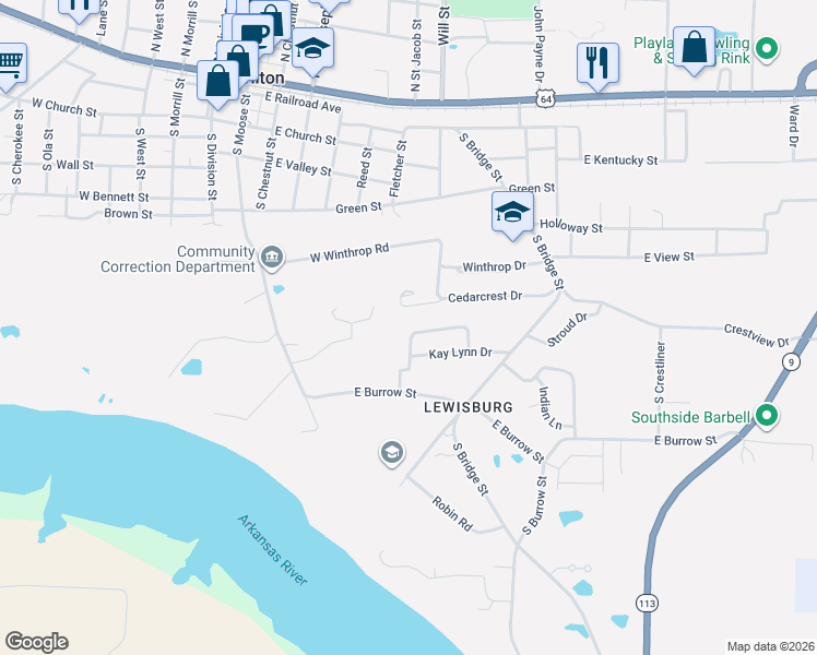 map of restaurants, bars, coffee shops, grocery stores, and more near 207 Cedarcrest Drive in Morrilton