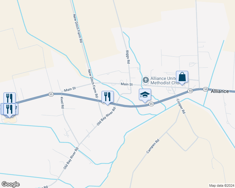 map of restaurants, bars, coffee shops, grocery stores, and more near 17 Courtland Drive in Grantsboro