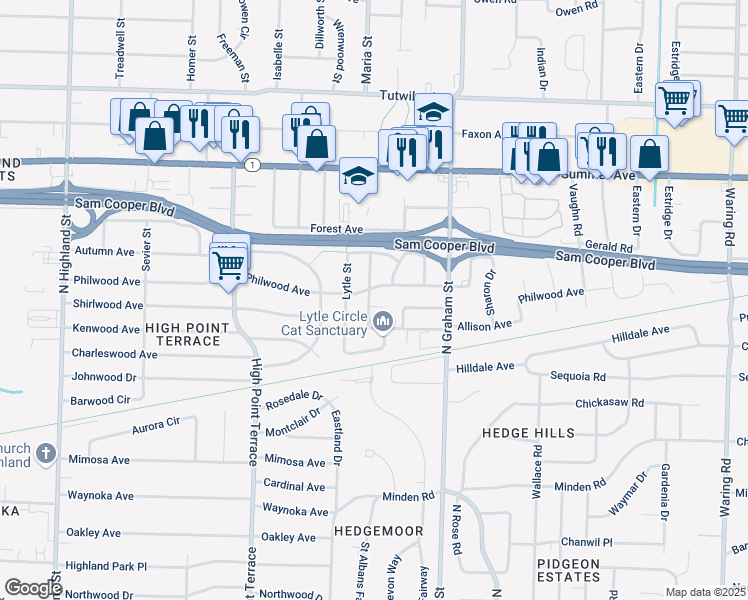 map of restaurants, bars, coffee shops, grocery stores, and more near 3903 Philwood Avenue in Memphis