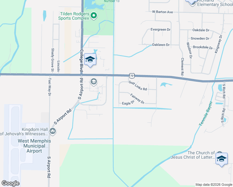 map of restaurants, bars, coffee shops, grocery stores, and more near 202 Tournament Road in West Memphis