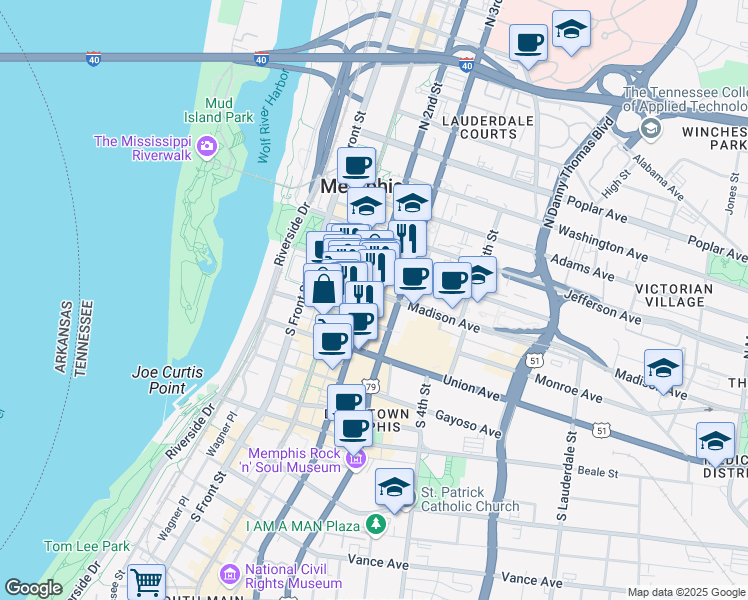 map of restaurants, bars, coffee shops, grocery stores, and more near 152 Madison Avenue in Memphis