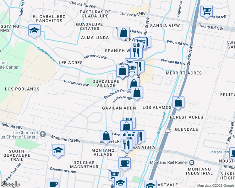 map of restaurants, bars, coffee shops, grocery stores, and more near 6110 Guadalupe Trail Northwest in Albuquerque