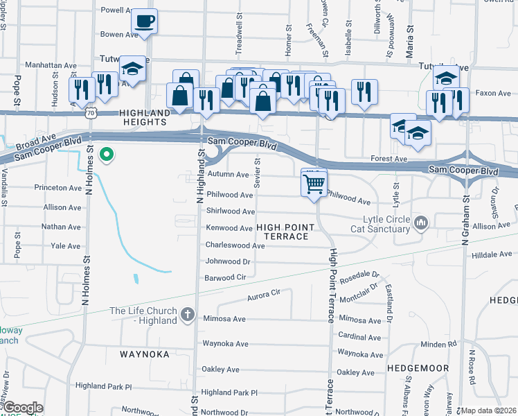 map of restaurants, bars, coffee shops, grocery stores, and more near 3593 Philwood Avenue in Memphis