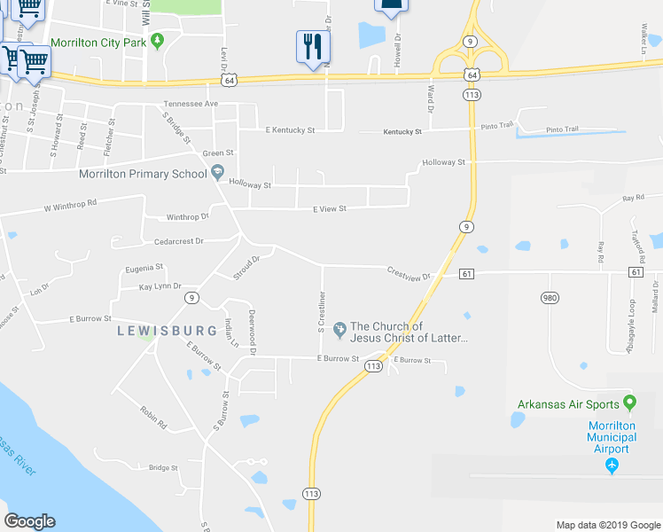 map of restaurants, bars, coffee shops, grocery stores, and more near 1100 Crestview Drive in Morrilton