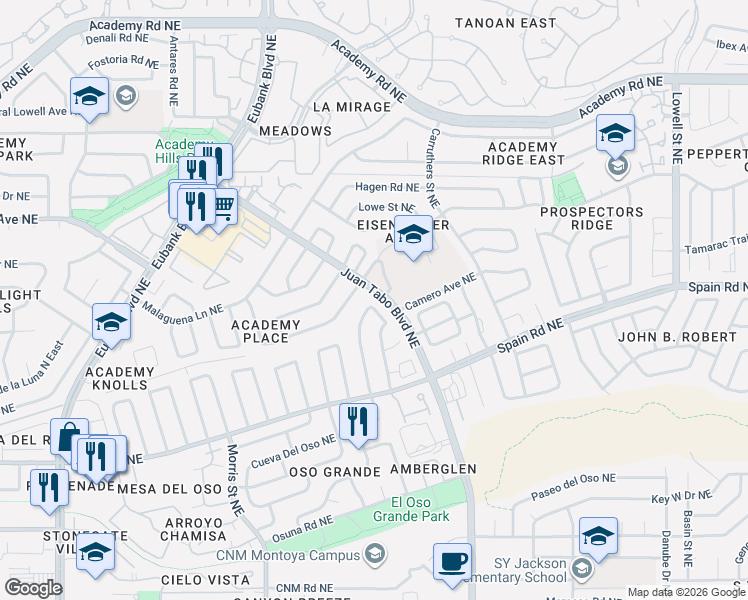 map of restaurants, bars, coffee shops, grocery stores, and more near 5525 Edwards Drive Northeast in Albuquerque