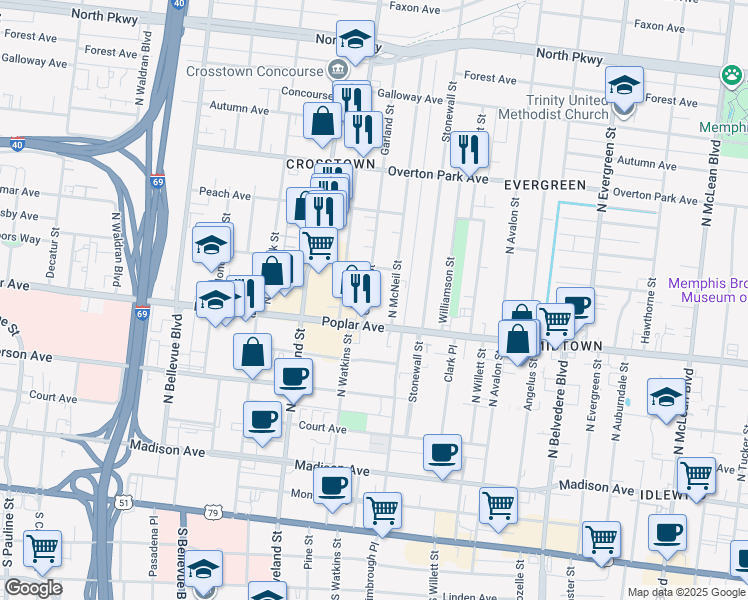map of restaurants, bars, coffee shops, grocery stores, and more near 233 North McNeil Street in Memphis