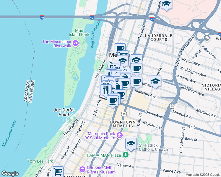 map of restaurants, bars, coffee shops, grocery stores, and more near 67 Madison Avenue in Memphis