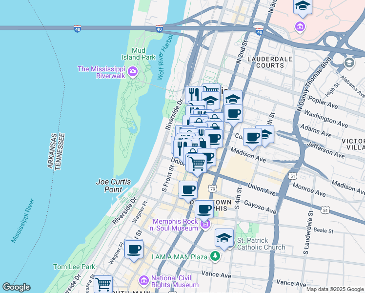 map of restaurants, bars, coffee shops, grocery stores, and more near 67 Madison Avenue in Memphis