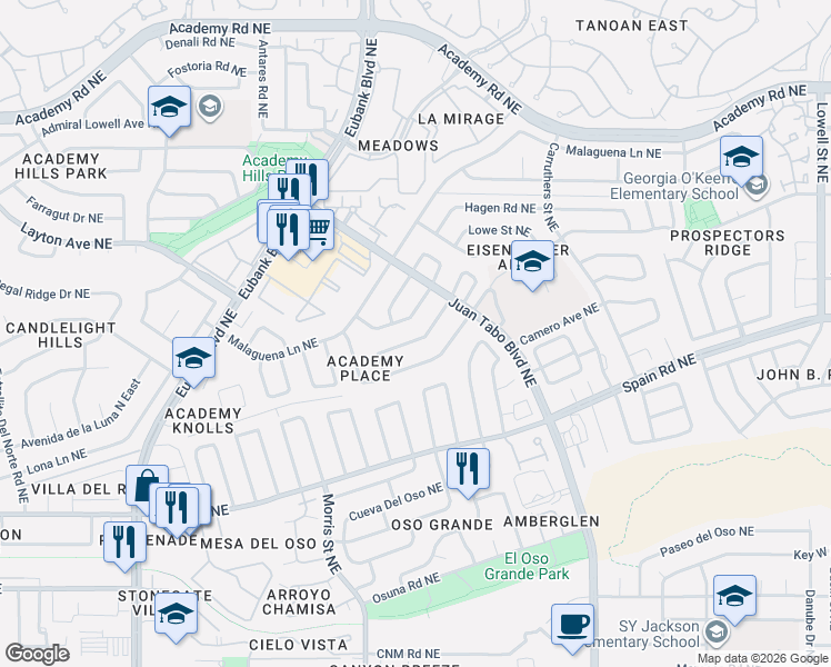map of restaurants, bars, coffee shops, grocery stores, and more near 10425 Guadalajara Avenue Northeast in Albuquerque